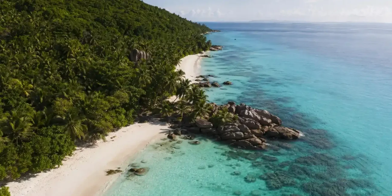 Underrated island vacation with empty beach turquoise water and peaceful natural scenery