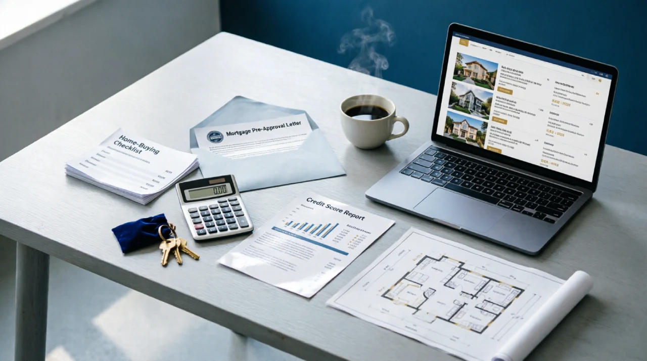 Home-buying checklist with mortgage documents, calculator, and house keys.