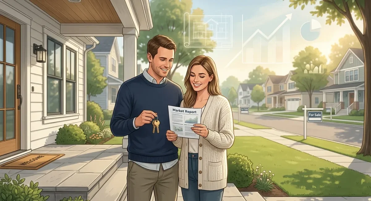 2026 Housing Market guide showing a couple holding house keys in front of a home with a stable real estate market in the background