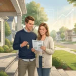 2026 Housing Market guide showing a couple holding house keys in front of a home with a stable real estate market in the background