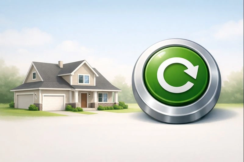 A simple drawing of a house with a reset button and a calendar showing 2026.