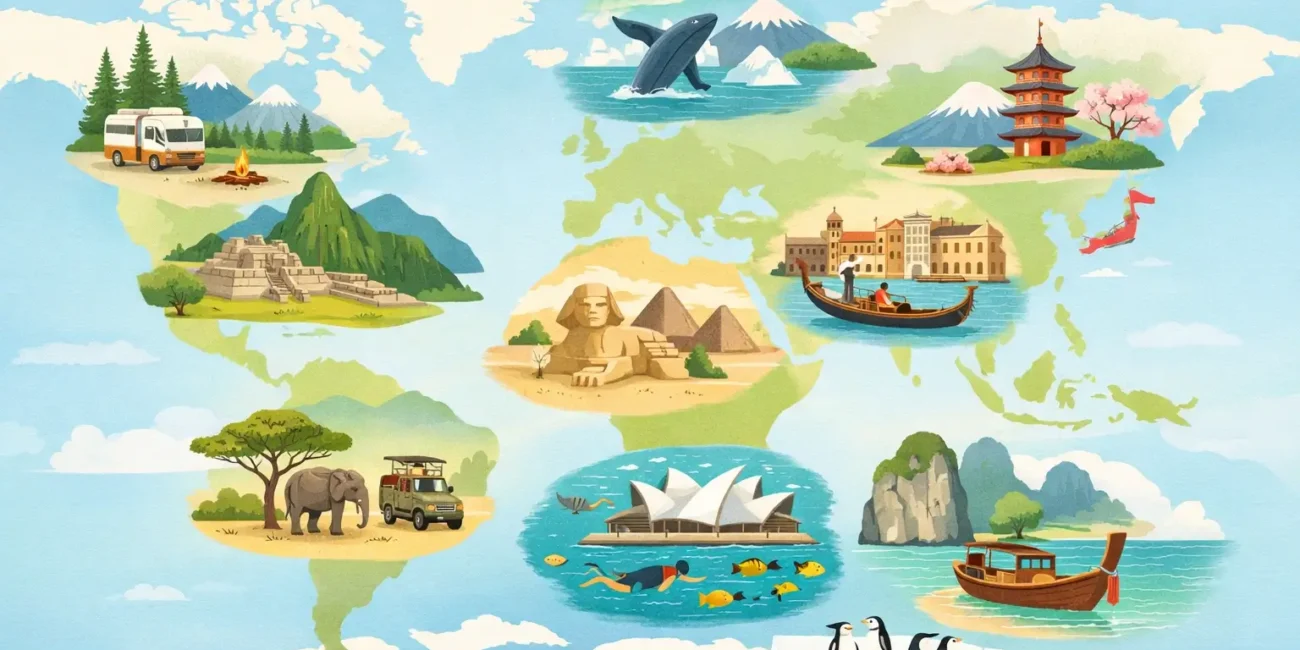 A collage showing mountains in Kyrgyzstan, a night market in Taiwan, Lake Bled in Slovenia, and icebergs in Greenland, representing 2026 emerging travel destinations.