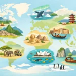 A collage showing mountains in Kyrgyzstan, a night market in Taiwan, Lake Bled in Slovenia, and icebergs in Greenland, representing 2026 emerging travel destinations.