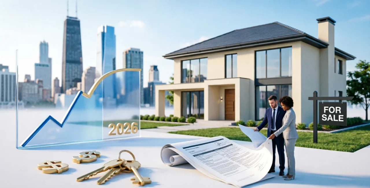 Modern home with buyers reviewing documents, mortgage rate chart, and 2026 U.S. housing market concept.