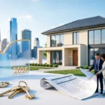 Modern home with buyers reviewing documents, mortgage rate chart, and 2026 U.S. housing market concept.