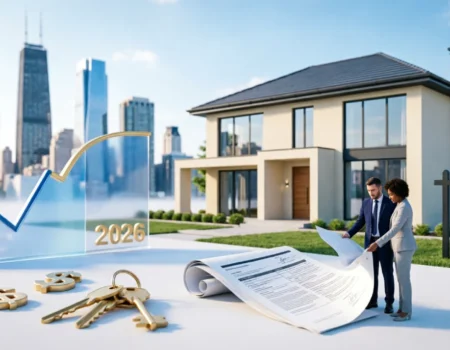 Modern home with buyers reviewing documents, mortgage rate chart, and 2026 U.S. housing market concept.