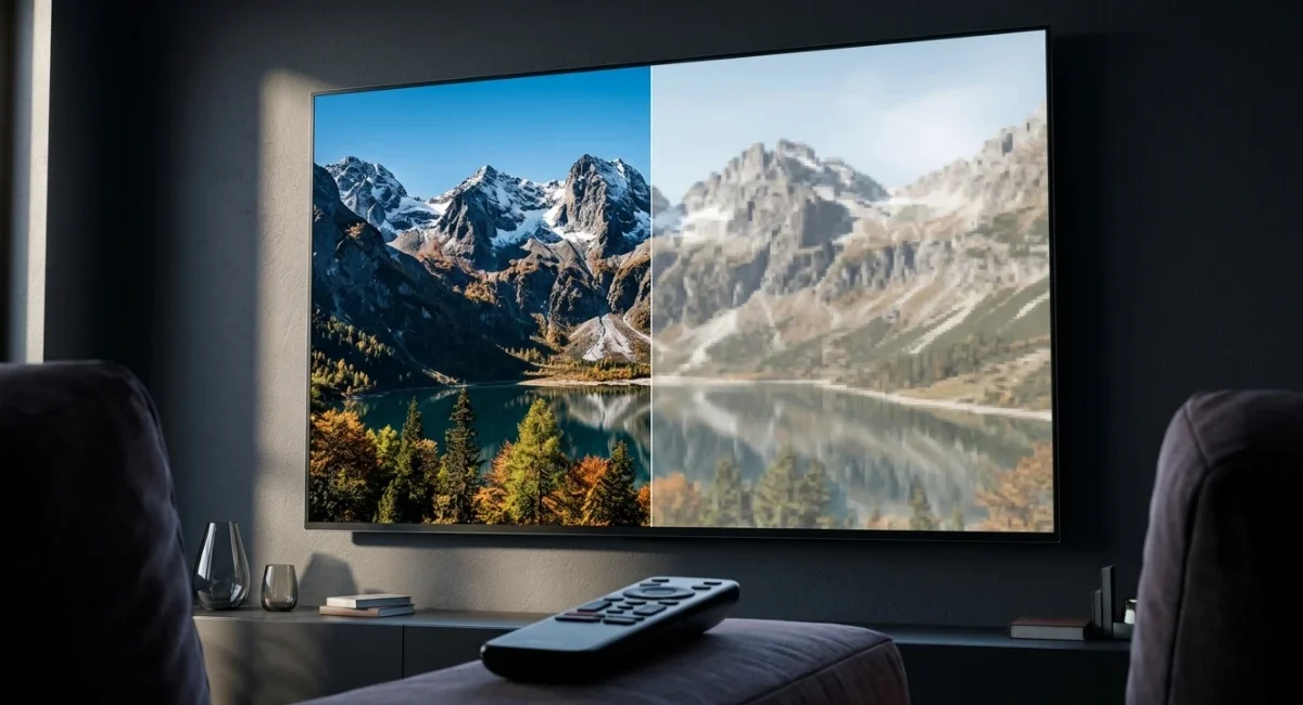 Side by side comparison of sharp and blurry 4K streaming on a TV showing how a 4K Streaming Blurry Fix improves picture quality