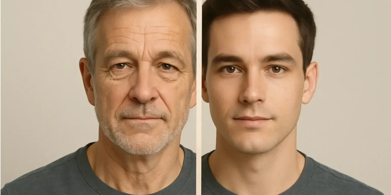 A side-by-side comparison showing a real actor's face and an AI-made younger digital double.