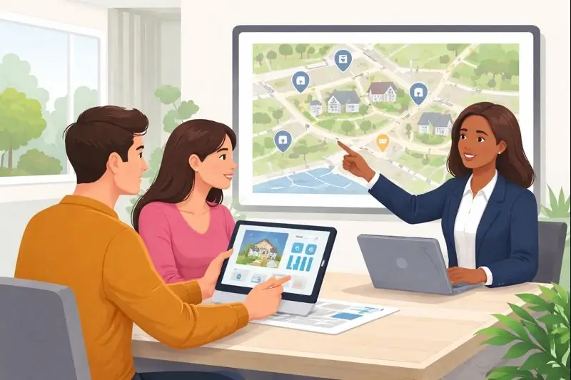 A person using a tablet with AI home search results while talking with a real estate agent over a map.