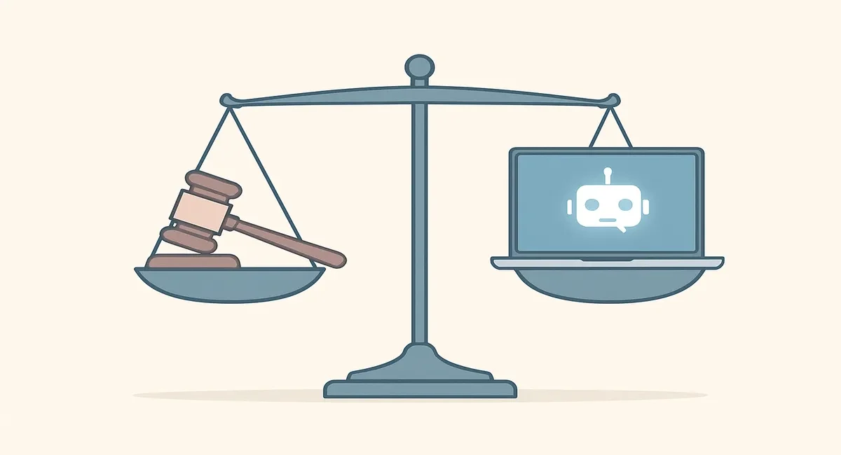 A scale of justice balanced between a gavel and a laptop with a chatbot symbol on the screen.