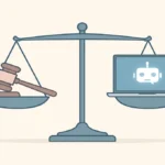 A scale of justice balanced between a gavel and a laptop with a chatbot symbol on the screen.