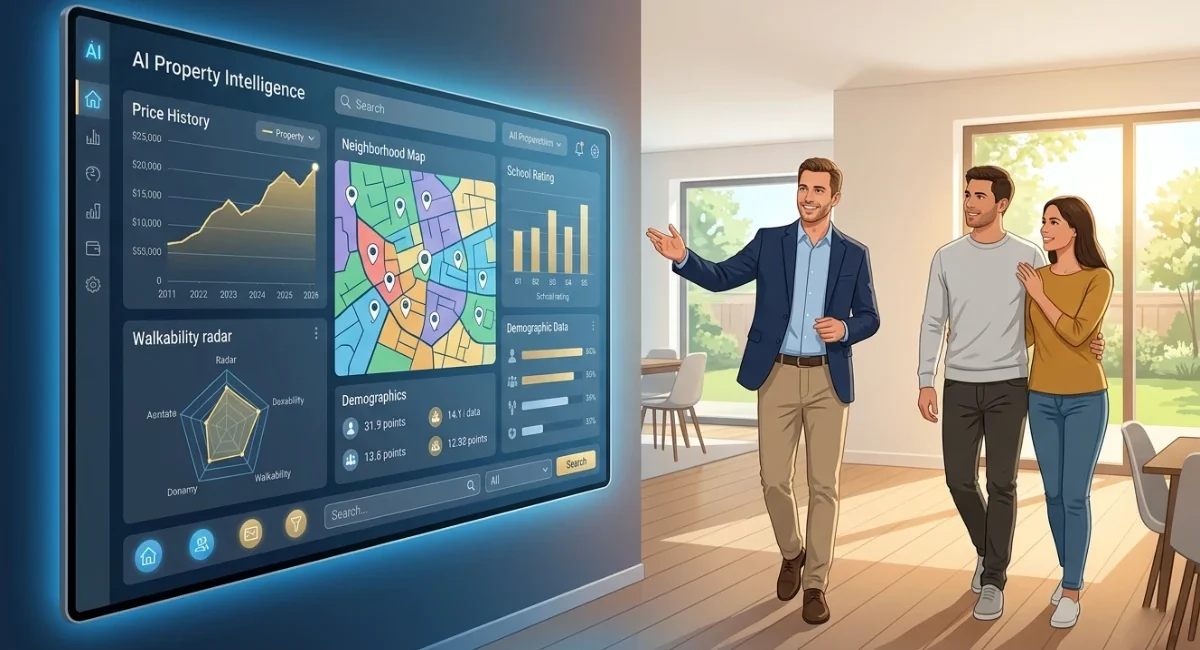 AI in Home Buying showing a chatbot helping a buyer compare home prices and neighborhood data