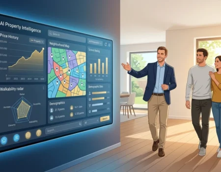 AI in Home Buying showing a chatbot helping a buyer compare home prices and neighborhood data