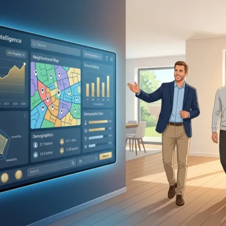 AI in Home Buying showing a chatbot helping a buyer compare home prices and neighborhood data