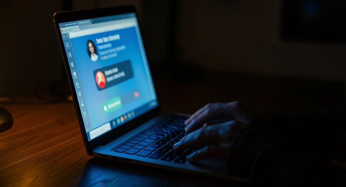 Person receiving an AI voice scam call on a laptop in a dark room — cybersecurity threats 2026