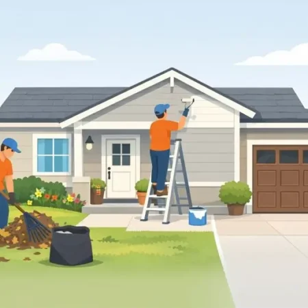 A homeowner stands in front of a house with a new garage door and trimmed landscaping, holding a paintbrush and smiling.