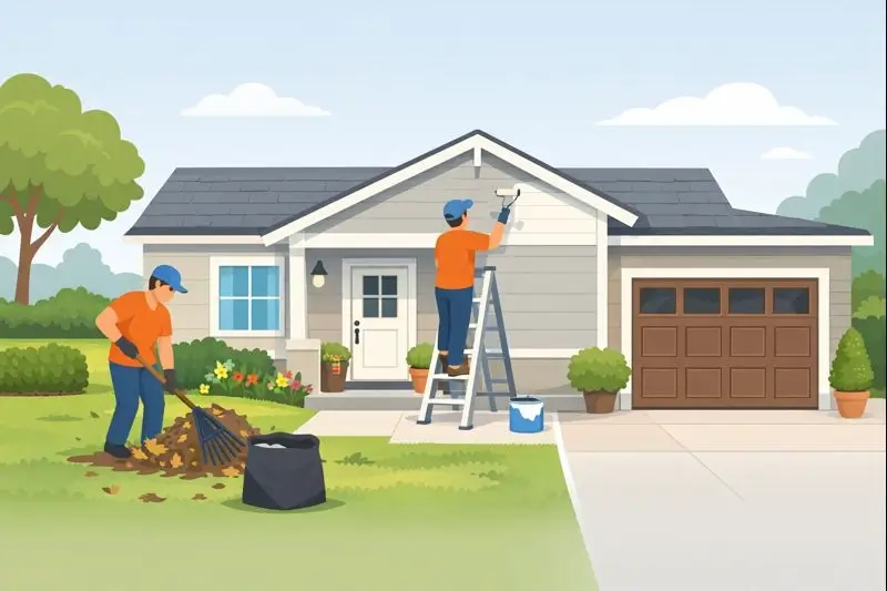 A homeowner stands in front of a house with a new garage door and trimmed landscaping, holding a paintbrush and smiling.