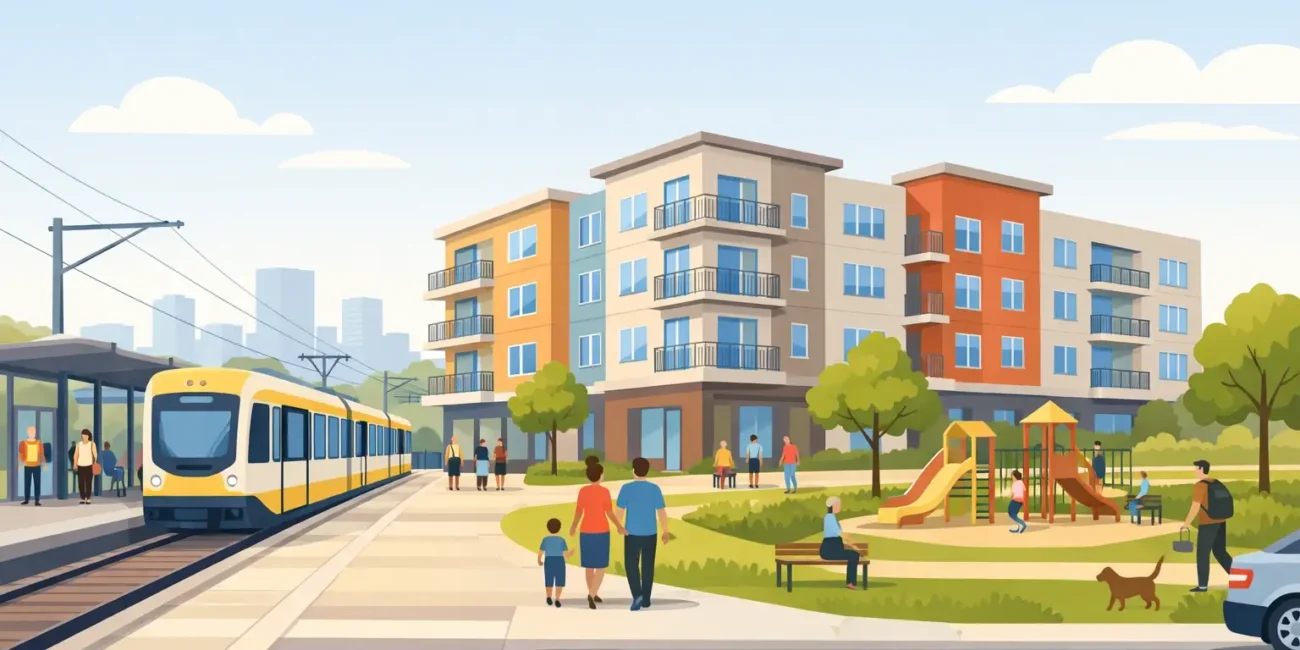 A new affordable housing neighborhood with townhomes and a light-rail train station nearby, under a clear sky.