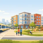 A new affordable housing neighborhood with townhomes and a light-rail train station nearby, under a clear sky.