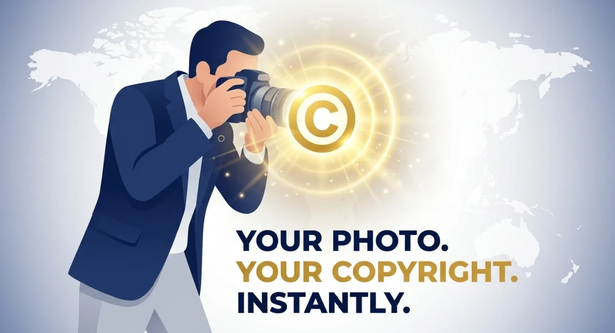 A photographer capturing a photo with a copyright symbol appearing instantly, showing automatic copyright protection for photos