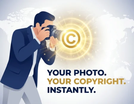 A photographer capturing a photo with a copyright symbol appearing instantly, showing automatic copyright protection for photos