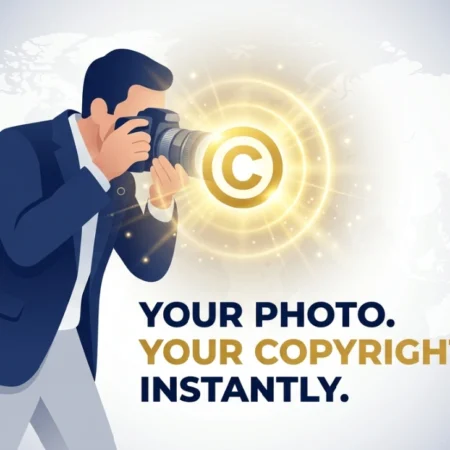 A photographer capturing a photo with a copyright symbol appearing instantly, showing automatic copyright protection for photos