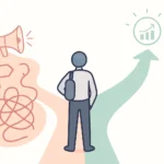 A road sign at a fork in the road. One path, labeled "Growth," is clear. The other path, labeled "Pitfalls," has holes and warning signs.