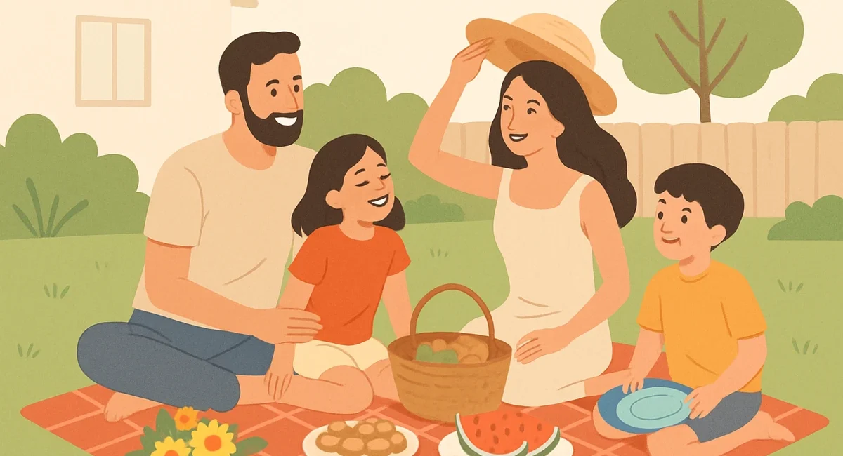 A family laughs during a backyard picnic on a staycation, with a checkered blanket, food, and a frisbee.