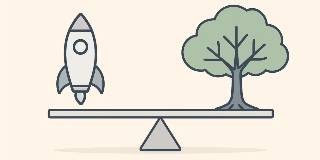 Illustration of a scale balanced between a rocket for fast sales and a tree for steady brand growth.
