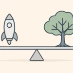 Illustration of a scale balanced between a rocket for fast sales and a tree for steady brand growth.