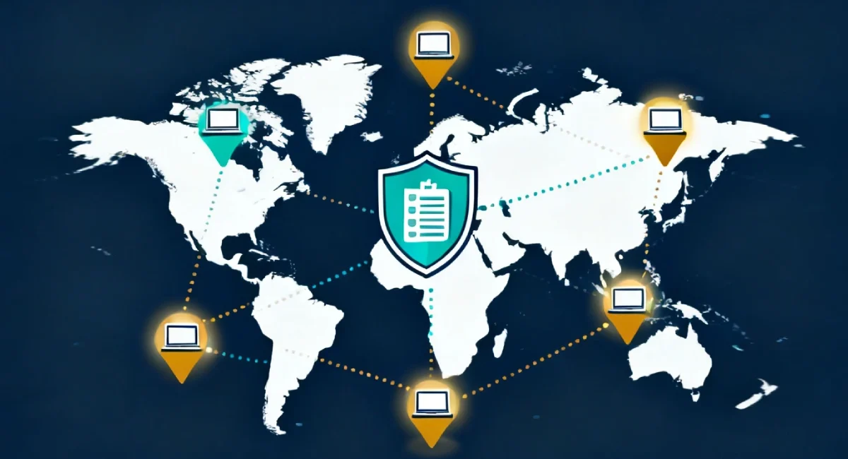 World map showing a business continuity plan for remote teams across multiple time zones