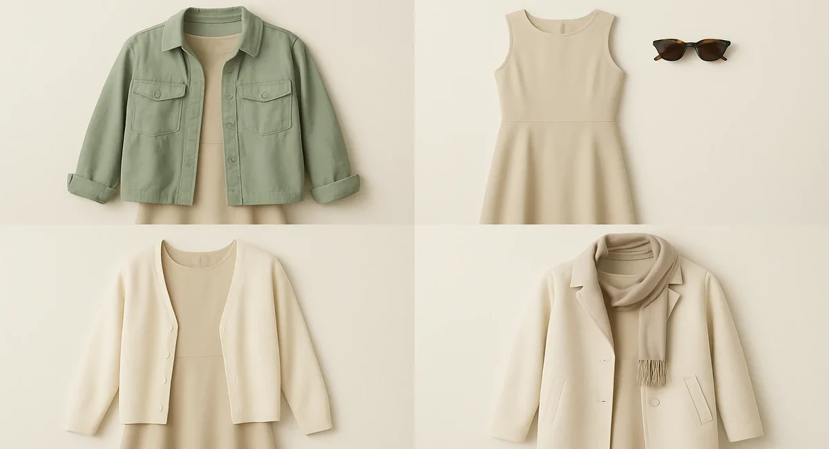 A table showing how to adapt four core wardrobe items, like a t-shirt and dress, for cool/wet and warm/hot climates.