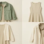 A table showing how to adapt four core wardrobe items, like a t-shirt and dress, for cool/wet and warm/hot climates.