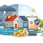 A house with an insurance document and a storm cloud with a graph arrow going up between them.