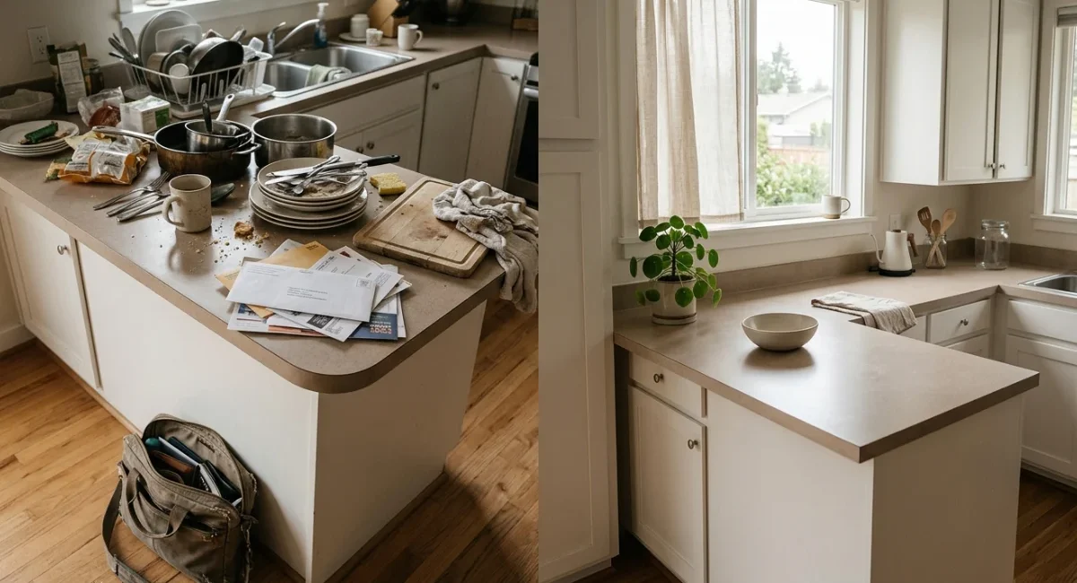 Cluttered kitchen counter next to a clean calm surface showing the effect of Clutter and Cortisol on stress