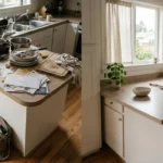 Cluttered kitchen counter next to a clean calm surface showing the effect of Clutter and Cortisol on stress