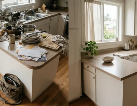 Cluttered kitchen counter next to a clean calm surface showing the effect of Clutter and Cortisol on stress