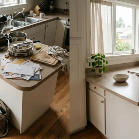 Cluttered kitchen counter next to a clean calm surface showing the effect of Clutter and Cortisol on stress