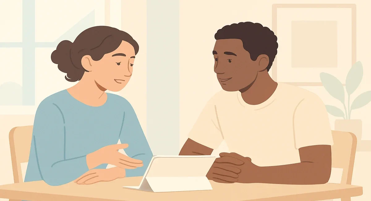 A happy couple in their 30s talking calmly about finances, with papers and a laptop on a kitchen table.