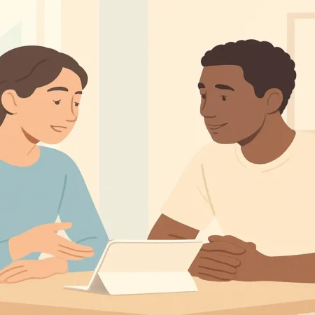 A happy couple in their 30s talking calmly about finances, with papers and a laptop on a kitchen table.