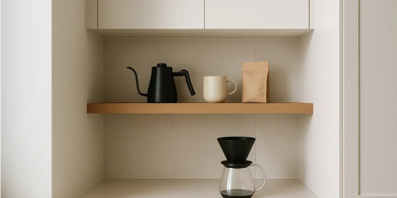 A close-up of a built-in wooden coffee station with an espresso machine, a bag of coffee beans, and a white mug on a shelf.