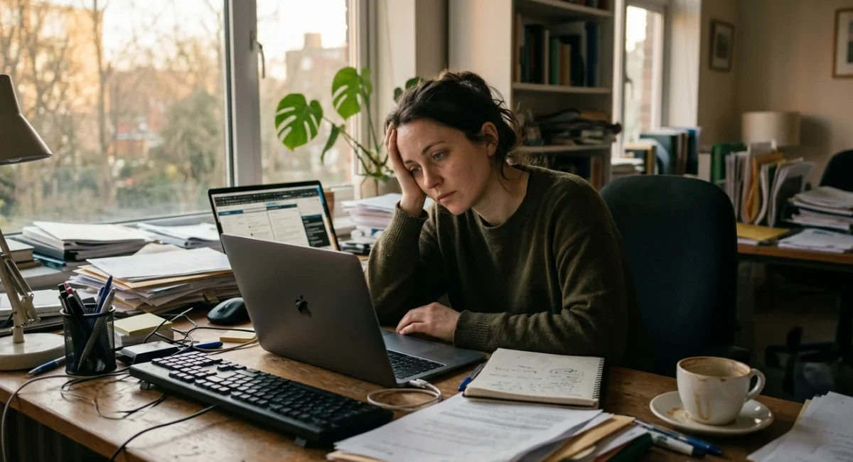 Person sitting at a cluttered desk looking mentally drained showing the effects of decision fatigue on willpower