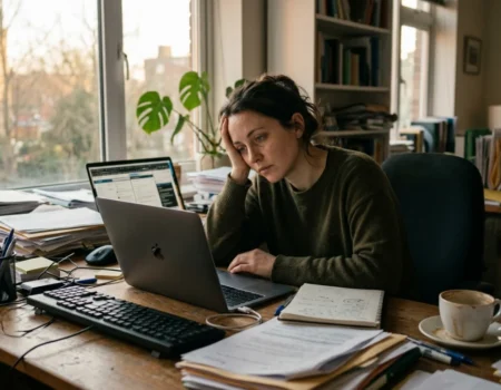 Person sitting at a cluttered desk looking mentally drained showing the effects of decision fatigue on willpower
