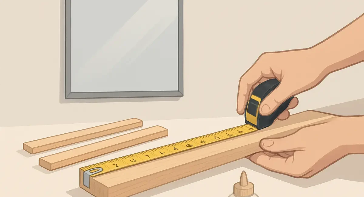 A person holds a piece of wooden trim against the edge of a large, frameless bathroom mirror.