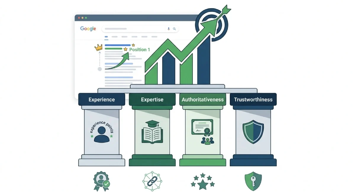 Four E-E-A-T signals — experience, expertise, authority, and trust — shown as pillars supporting higher Google rankings