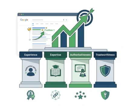 Four E-E-A-T signals — experience, expertise, authority, and trust — shown as pillars supporting higher Google rankings