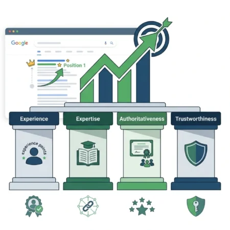 Four E-E-A-T signals — experience, expertise, authority, and trust — shown as pillars supporting higher Google rankings