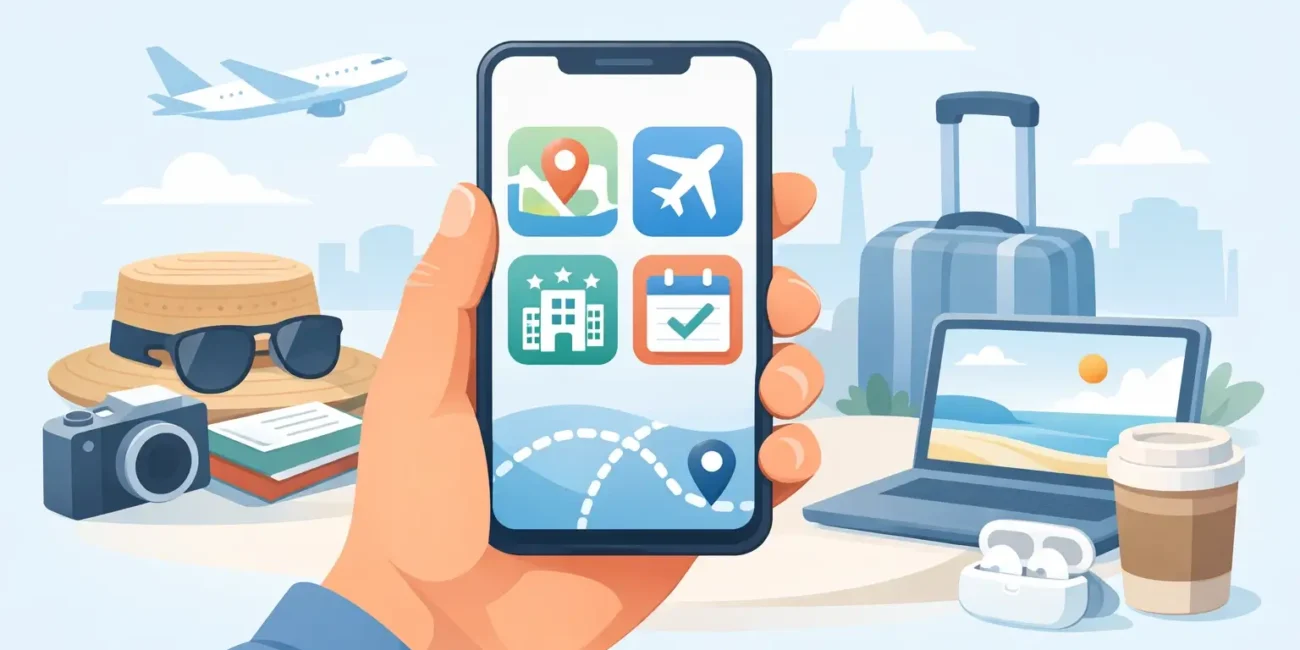 A traveler using a smartphone showing various helpful travel apps like maps and translators while standing near a suitcase.