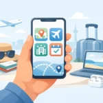 A traveler using a smartphone showing various helpful travel apps like maps and translators while standing near a suitcase.