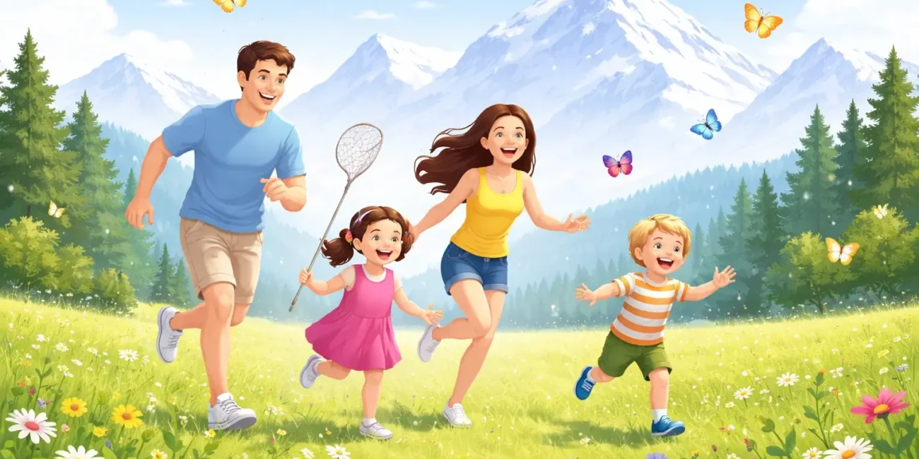 A happy family laughing and chasing butterflies in a green Swiss meadow with the tall, snowy Alps in the background.